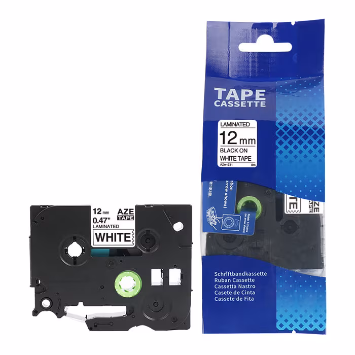 Brother TZE-231 Compatible P-Touch Tape — Black on White, 12mm x 8m