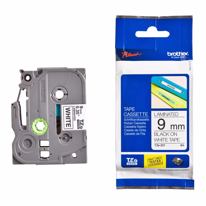 Brother TZE-221 P-Touch Tape — Black on White, 9mm x 8m
